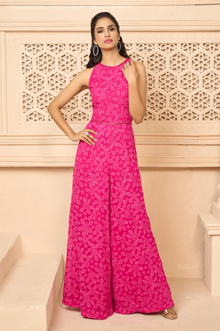 Shop_Ariyana By Aza_Pink Georgette Embroidered Floral And Leaf Round Jumpsuit _Online_at_Aza_Fashions