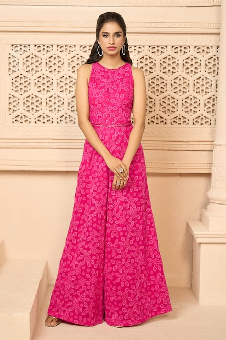 Ariyana By Aza_Pink Georgette Embroidered Floral And Leaf Round Jumpsuit _at_Aza_Fashions