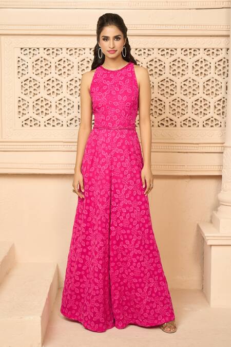 Buy_Ariyana By Aza_Pink Georgette Embroidered Floral And Leaf Round Jumpsuit 