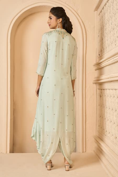Shop Aariyana Couture Blue Cotton, Silk Embroidery Mandarin Collar Hand Draped Tunic at Aza Fashions Shop_Aariyana Couture_Blue Cotton, Silk Embroidery Mandarin Collar Hand Draped Tunic_at_Aza_Fashions