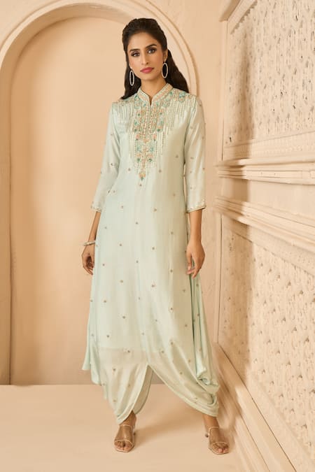 Aariyana Couture Blue Cotton, Silk Embroidery Mandarin Collar Hand Draped Tunic Online at Aza Fashions Aariyana Couture_Blue Cotton, Silk Embroidery Mandarin Collar Hand Draped Tunic_Online_at_Aza_Fashions