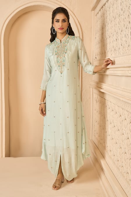 Buy Aariyana Couture Blue Cotton, Silk Embroidery Mandarin Collar Hand Draped Tunic Online at Aza Fashions Buy_Aariyana Couture_Blue Cotton, Silk Embroidery Mandarin Collar Hand Draped Tunic_Online_at_Aza_Fashions