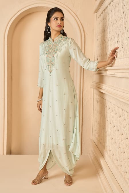 Shop Aariyana Couture Blue Cotton, Silk Embroidery Mandarin Collar Hand Draped Tunic Online at Aza Fashions Shop_Aariyana Couture_Blue Cotton, Silk Embroidery Mandarin Collar Hand Draped Tunic_Online_at_Aza_Fashions