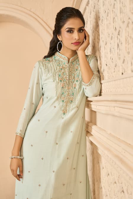 Aariyana Couture Blue Cotton, Silk Embroidery Mandarin Collar Hand Draped Tunic at Aza Fashions Aariyana Couture_Blue Cotton, Silk Embroidery Mandarin Collar Hand Draped Tunic_at_Aza_Fashions