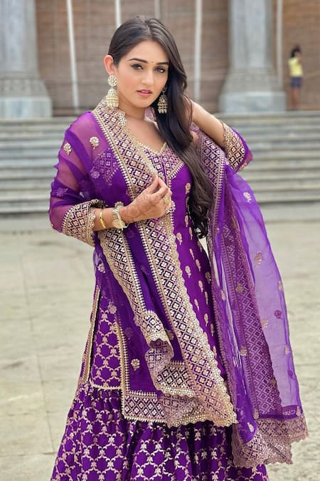 Gopi Vaid Purple Top Tussar Lehenga Brocade Dupatta Organza Kurta And Gharara Set 