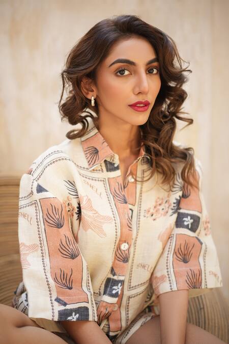 Nassh_Multi Color Linen Collared Carcass Print Shirt And Shorts Set_Online_at_Aza_Fashions