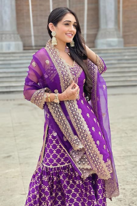 Gopi Vaid_Purple Top Tussar Lehenga Brocade Dupatta Embroidered Kurta And Gharara Set_Online_at_Aza_Fashions