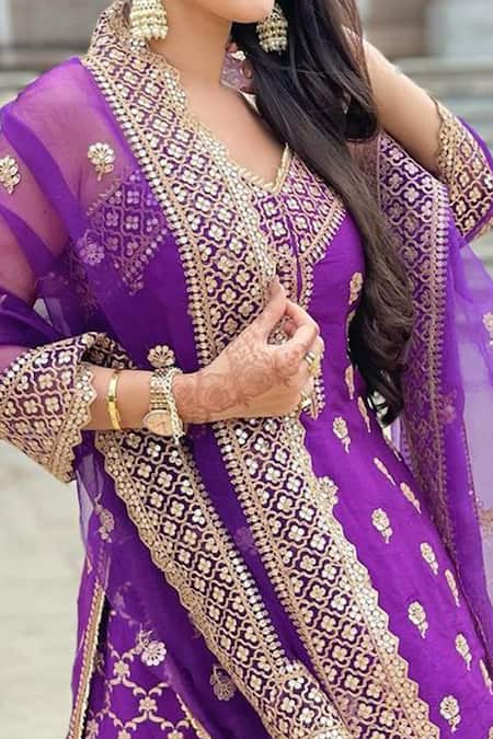 Buy_Gopi Vaid_Purple Top Tussar Lehenga Brocade Dupatta Embroidered Kurta And Gharara Set_Online_at_Aza_Fashions