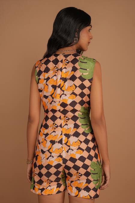 Buy Nassh Multi Color Silk V-neck Botanical Checker Print Jumpsuit Online at Aza Fashions Buy_Nassh_Multi Color Silk V-neck Botanical Checker Print Jumpsuit_Online_at_Aza_Fashions