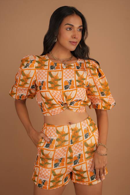 Nassh_Multi Color Pure Linen Printed Leaflet Round Top And Shorts Set_Online_at_Aza_Fashions