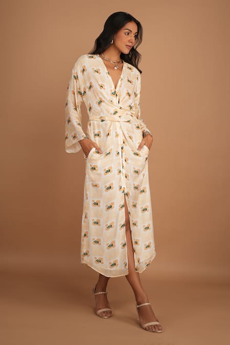 Nassh Multi Color Silk V-neck Fawn Print Tie Up Dress 
