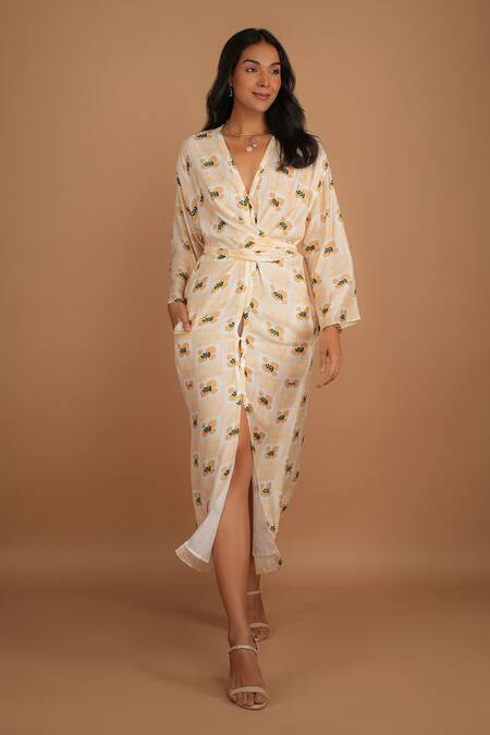 Nassh_Multi Color Silk V-neck Fawn Print Tie Up Dress_Online_at_Aza_Fashions