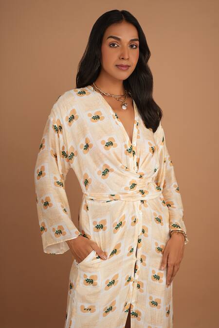 Buy_Nassh_Multi Color Silk V-neck Fawn Print Tie Up Dress_Online_at_Aza_Fashions