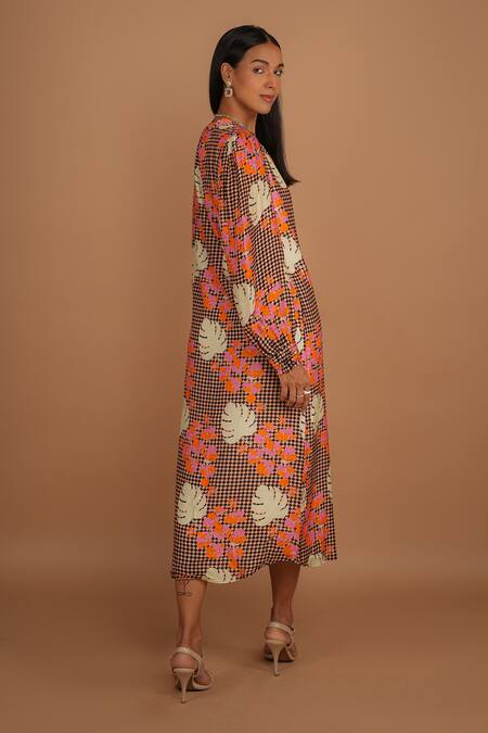 Nassh_Multi Color Silk Mandarin Collar Serene Checker Print Midi Dress_Online_at_Aza_Fashions