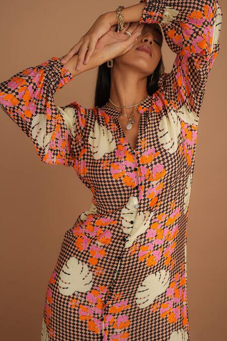 Buy_Nassh_Multi Color Silk Mandarin Collar Serene Checker Print Midi Dress_Online_at_Aza_Fashions