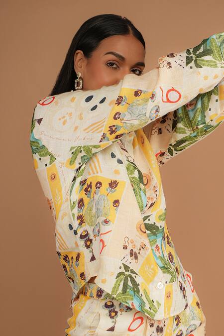 Nassh_Multi Color Linen Collared Printed Shirt And Pant Set_Online_at_Aza_Fashions