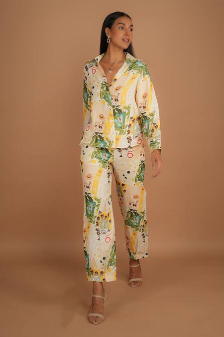 Buy_Nassh_Multi Color Linen Collared Printed Shirt And Pant Set_Online_at_Aza_Fashions