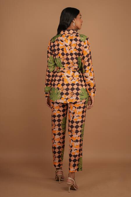 Shop_Nassh_Multi Color Silk Collared Botanical Checker Print Jacket And Pant Set_at_Aza_Fashions