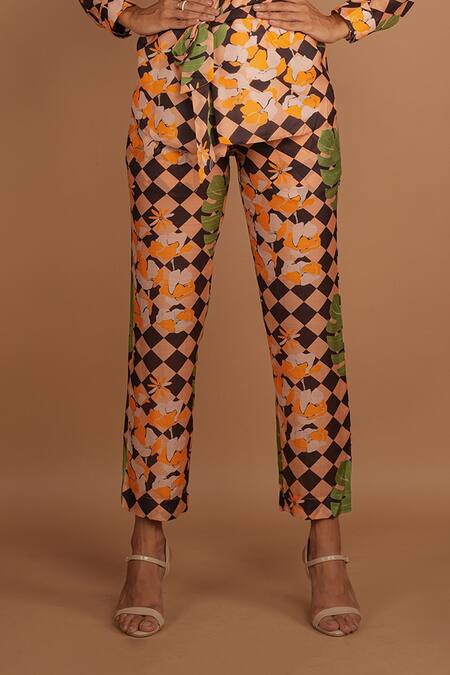 Nassh_Multi Color Silk Collared Botanical Checker Print Jacket And Pant Set_Online_at_Aza_Fashions