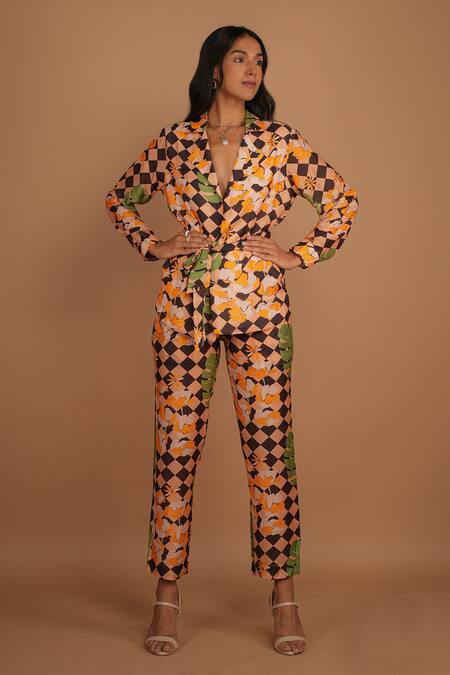 Buy_Nassh_Multi Color Silk Collared Botanical Checker Print Jacket And Pant Set_Online_at_Aza_Fashions