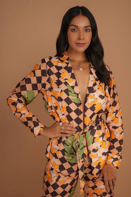 Shop_Nassh_Multi Color Silk Collared Botanical Checker Print Jacket And Pant Set_Online_at_Aza_Fashions