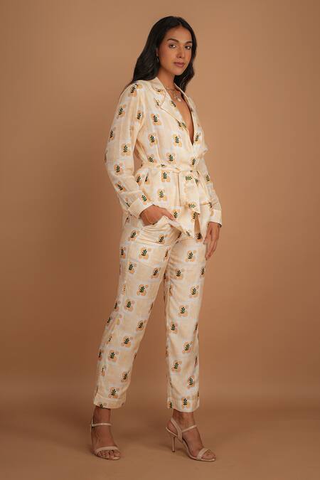 Buy_Nassh_Multi Color Silk Collared Fawn Print Tie Up Top And Pant Set_Online_at_Aza_Fashions