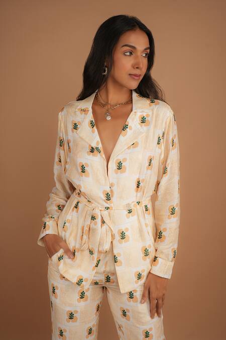 Shop_Nassh_Multi Color Silk Collared Fawn Print Tie Up Top And Pant Set_Online_at_Aza_Fashions