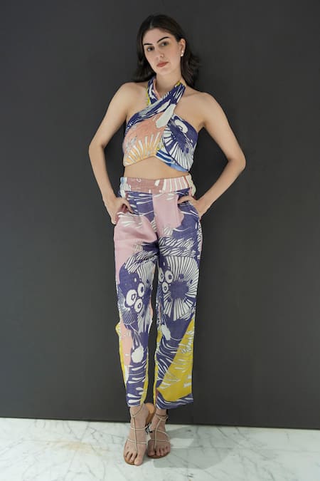 Nassh Multi Color Pure Linen Printed Marina Halter Neck Crossbody Top And Pant 