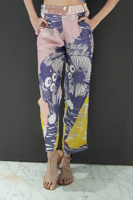 Nassh_Multi Color Linen Embroidery Halter Neck Marina Print Top And Pant Set_Online_at_Aza_Fashions