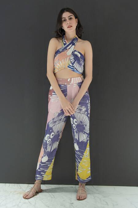 Buy_Nassh_Multi Color Linen Embroidery Halter Neck Marina Print Top And Pant Set_Online_at_Aza_Fashions