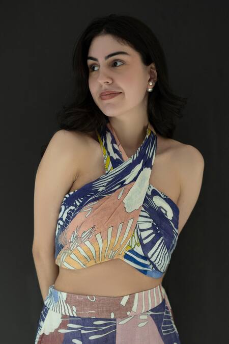 Shop_Nassh_Multi Color Linen Embroidery Halter Neck Marina Print Top And Pant Set_Online_at_Aza_Fashions