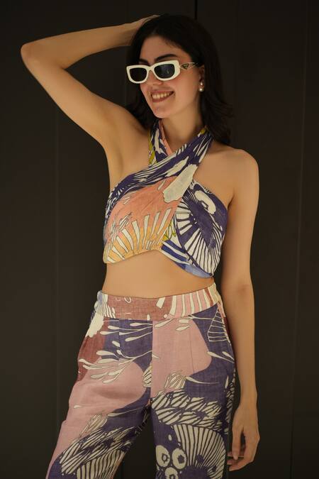 Nassh_Multi Color Linen Embroidery Halter Neck Marina Print Top And Pant Set_at_Aza_Fashions