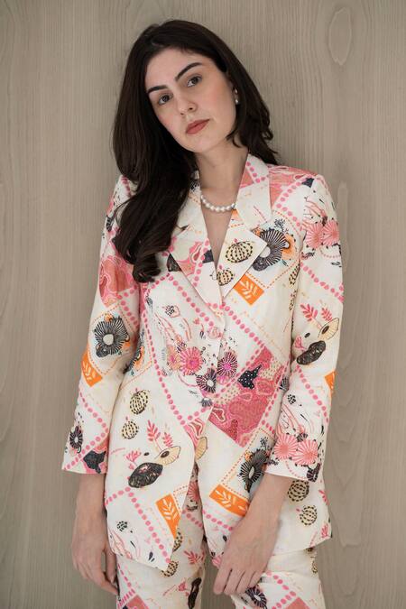 Shop_Nassh_Multi Color Linen Beads, Embroidery Serene Print Blazer And Pant Set_Online_at_Aza_Fashions