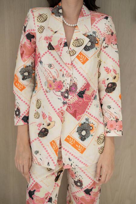 Nassh_Multi Color Linen Beads, Embroidery Serene Print Blazer And Pant Set_at_Aza_Fashions
