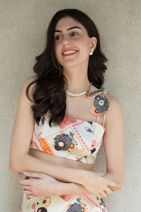 Shop_Nassh_Multi Color Linen Applique, Embroidery Square Neck Serene Print Top And Skirt Set_Online_at_Aza_Fashions