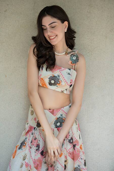 Nassh_Multi Color Linen Applique, Embroidery Square Neck Serene Print Top And Skirt Set_at_Aza_Fashions