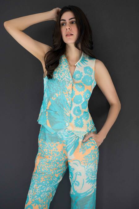 Buy Nassh Multi Color Linen Embroidery V-neck Printed Waistcoat And Pant Set Online at Aza Fashions Buy_Nassh_Multi Color Linen Embroidery V-neck Printed Waistcoat And Pant Set_Online_at_Aza_Fashions