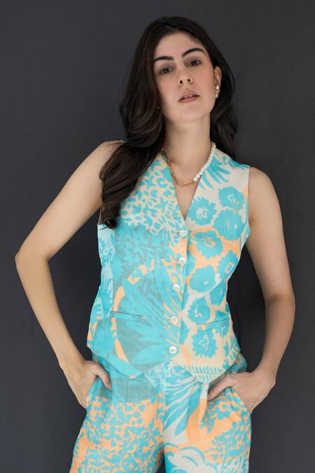 Shop Nassh Multi Color Linen Embroidery V-neck Printed Waistcoat And Pant Set Online at Aza Fashions Shop_Nassh_Multi Color Linen Embroidery V-neck Printed Waistcoat And Pant Set_Online_at_Aza_Fashions