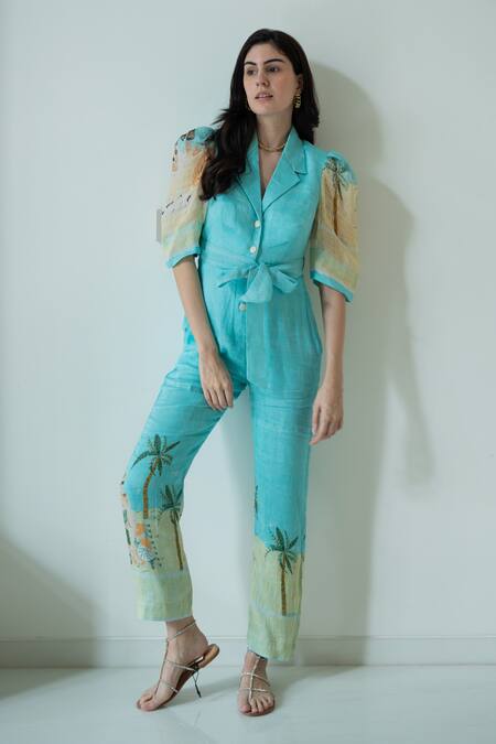 Nassh_Multi Color Linen Collared Beach Print Jumpsuit_Online_at_Aza_Fashions