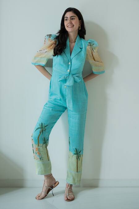 Buy_Nassh_Multi Color Linen Collared Beach Print Jumpsuit_Online_at_Aza_Fashions