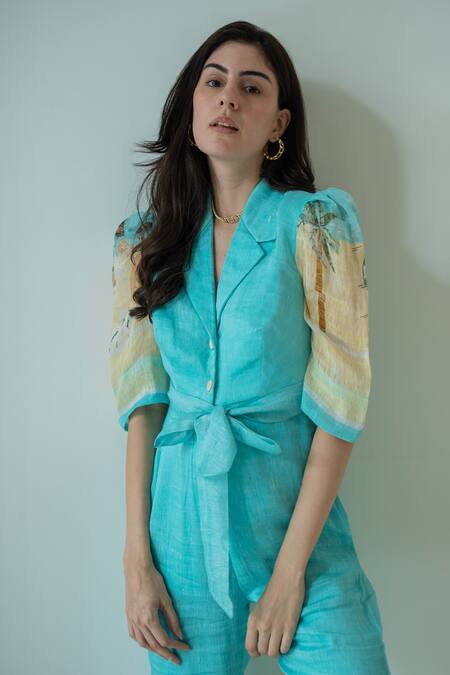 Nassh_Multi Color Linen Collared Beach Print Jumpsuit_at_Aza_Fashions