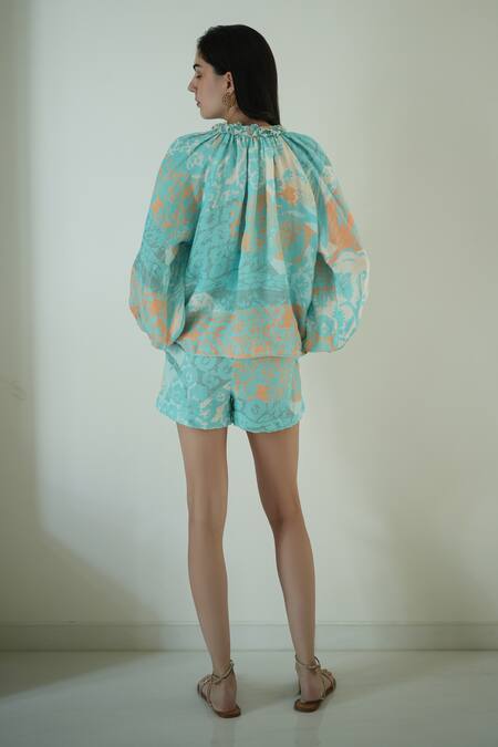 Shop_Nassh_Multi Color Linen Embroidery Keyhole Neck Printed Top And Shorts Set_at_Aza_Fashions