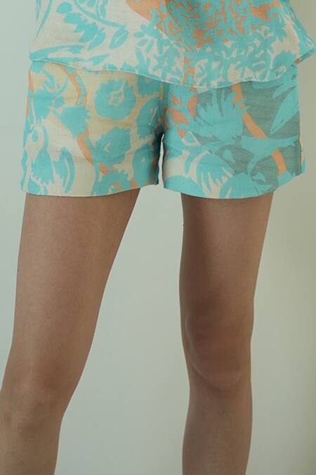 Nassh Multi Color Linen Embroidery Keyhole Neck Printed Top And Shorts Set Online at Aza Fashions Nassh_Multi Color Linen Embroidery Keyhole Neck Printed Top And Shorts Set_Online_at_Aza_Fashions