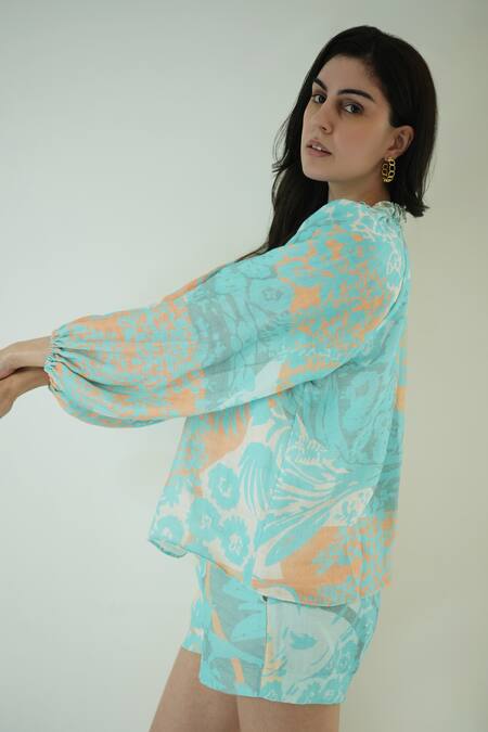 Shop_Nassh_Multi Color Linen Embroidery Keyhole Neck Printed Top And Shorts Set_Online_at_Aza_Fashions