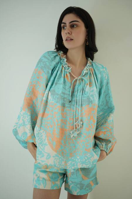 Nassh_Multi Color Linen Embroidery Keyhole Neck Printed Top And Shorts Set_at_Aza_Fashions