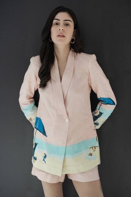 Nassh_Multi Color Linen Atlan Printed Blazer And Shorts Set_Online_at_Aza_Fashions