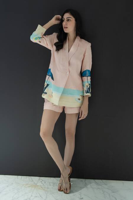 Buy_Nassh_Multi Color Linen Atlan Printed Blazer And Shorts Set_Online_at_Aza_Fashions