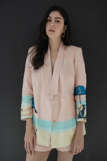 Nassh_Multi Color Linen Atlan Printed Blazer And Shorts Set_at_Aza_Fashions