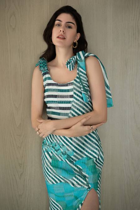 Nassh_Multi Color Kota Doria Bows Round Neck Archade Knit Dress _Online_at_Aza_Fashions