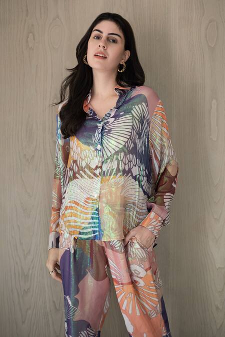 Buy_Nassh_Multi Color Lurex Collared Marina Print Shirt And Pant Set_Online_at_Aza_Fashions
